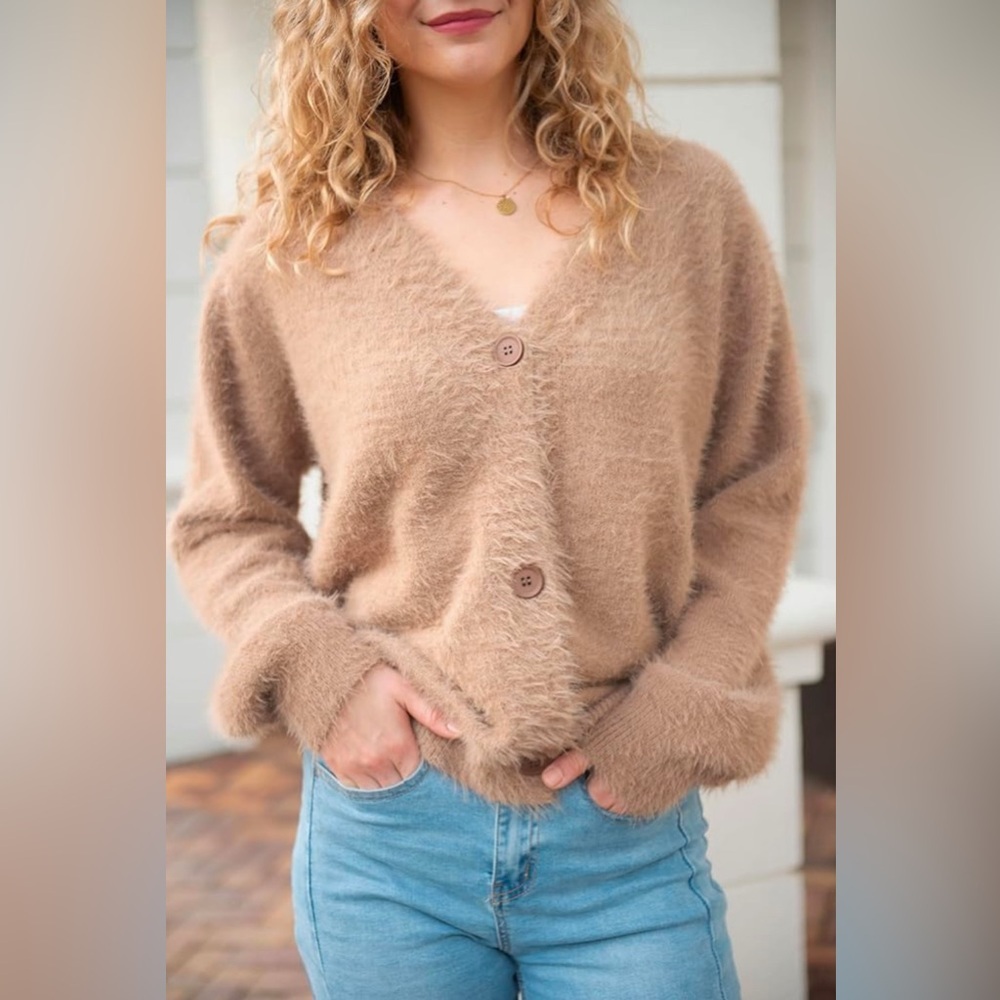 Slouchy V-Neck Cardigan Fuzzy Knit Sweater Oversized Drop Shoulder Long Sleeves - Picture 4 of 10